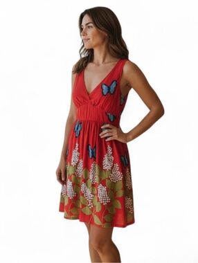 Eye Candy Women's Sleeveless Red Dress V-Neck Floral Blue Butterfly Stretch S/M